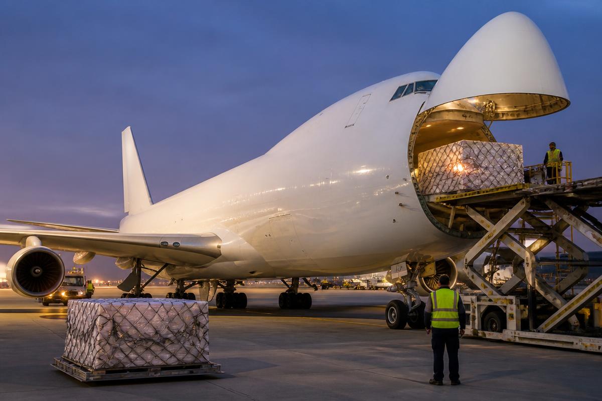 Cargo pallets being loaded into a white freighter aircraft at dusk